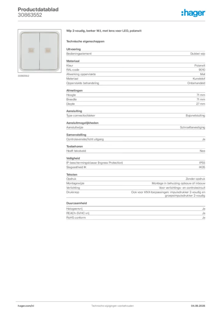 Afbeelding Hager Productdatablad 30863552 | Hager Nederland
