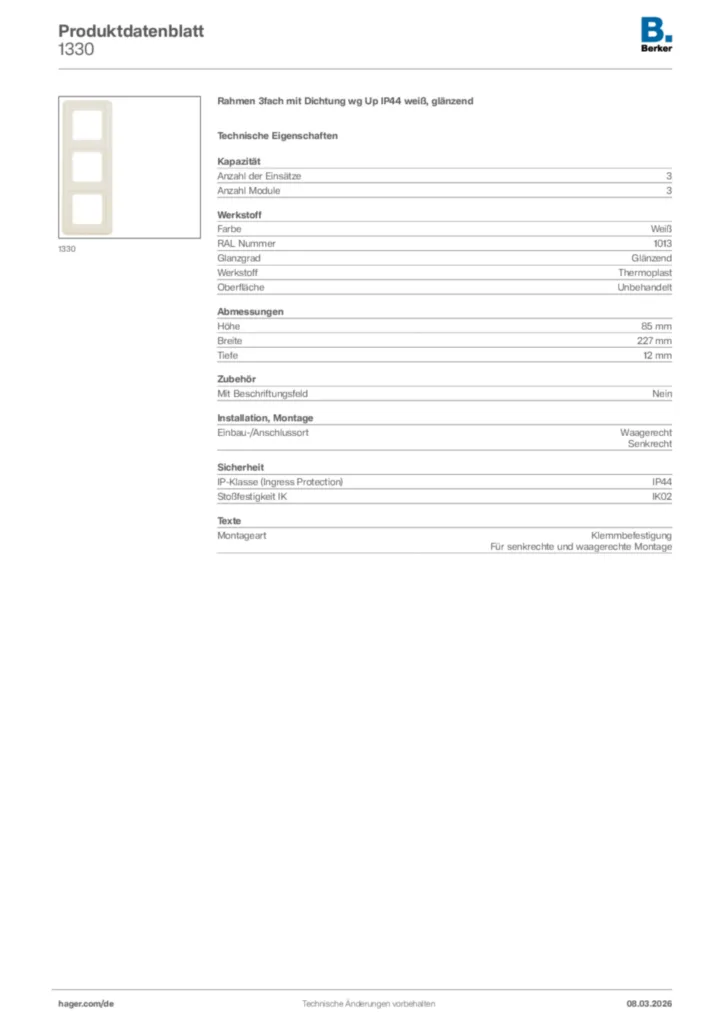 Bild Berker Produktdatenblatt 1330 | Hager Deutschland