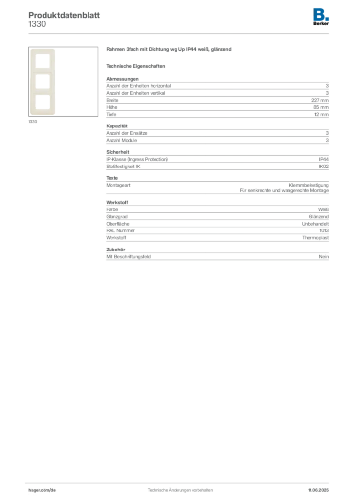 Bild Berker Produktdatenblatt 1330 | Hager Deutschland