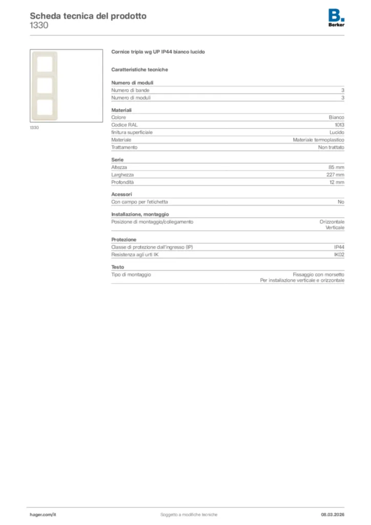 Immagine Berker Scheda tecnica del prodotto 1330 | Hager Italia