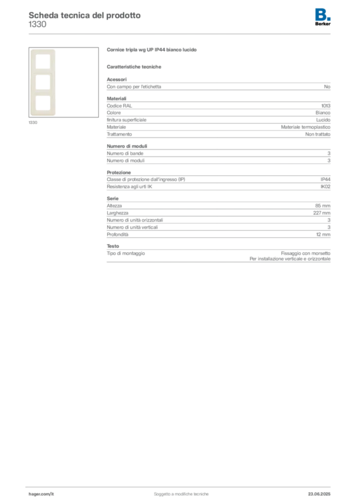 Immagine Berker Scheda tecnica del prodotto 1330 | Hager Italia