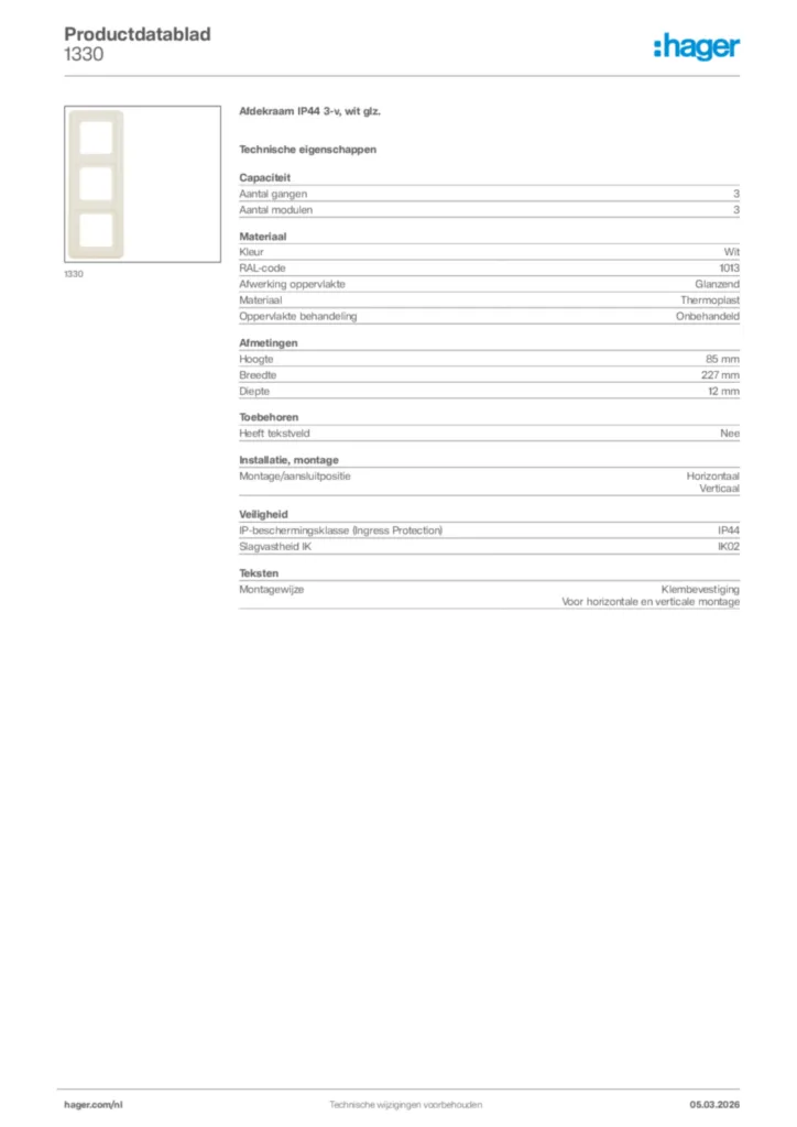 Afbeelding Hager Productdatablad 1330 | Hager Nederland