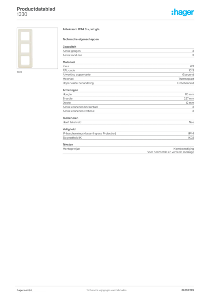 Afbeelding Hager Productdatablad 1330 | Hager Nederland
