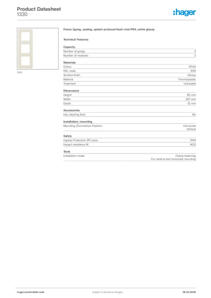 Image Hager Product data sheet 1330  | Hager