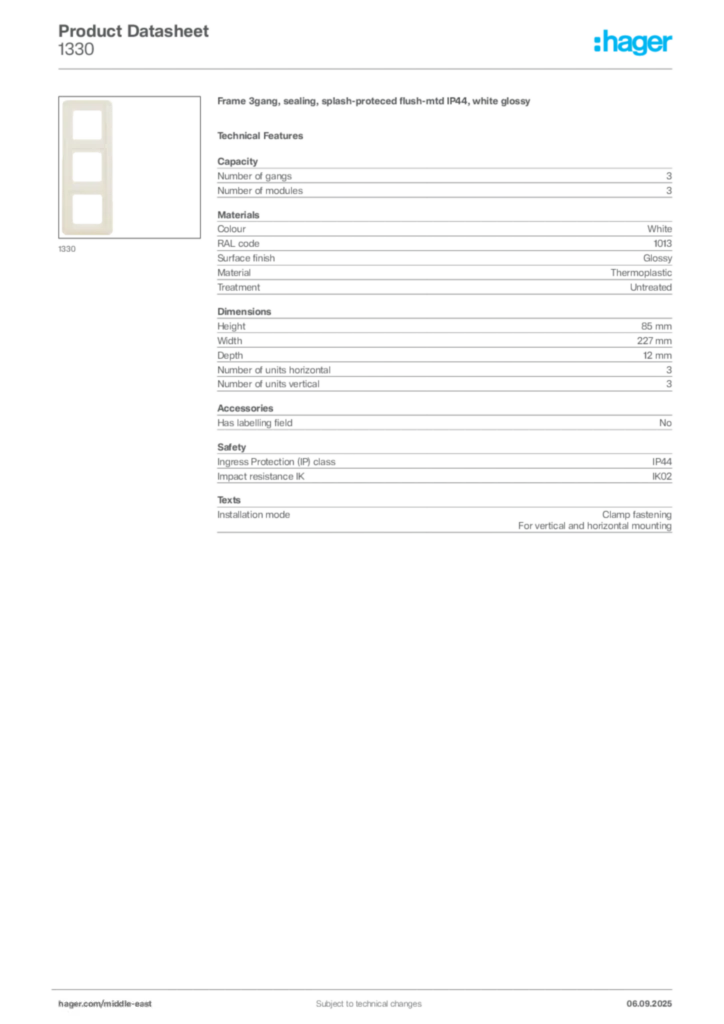 Image Hager Product data sheet 1330  | Hager
