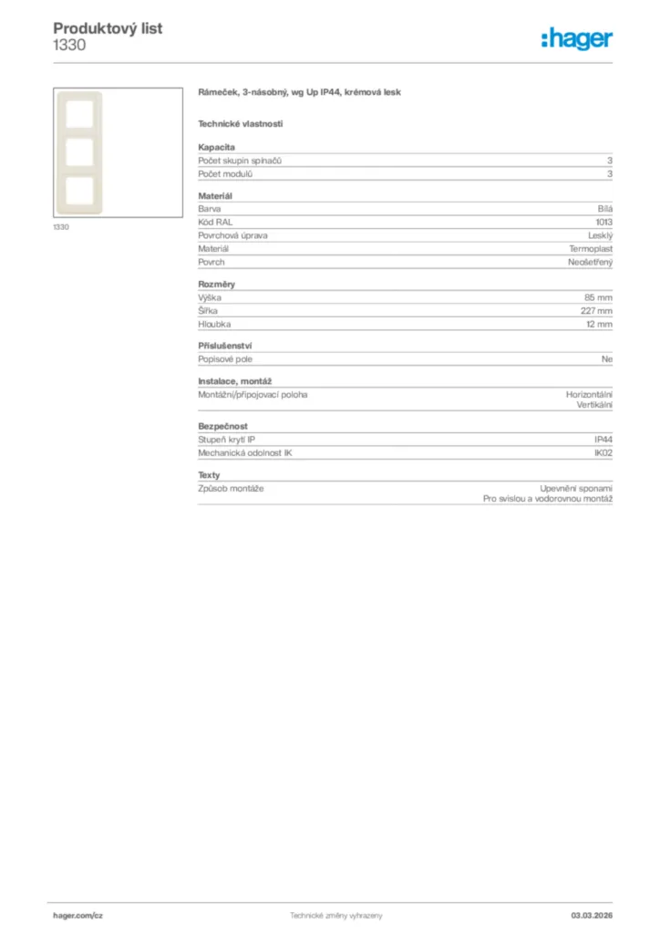 Obrázek Hager Product data sheet 1330 | Hager