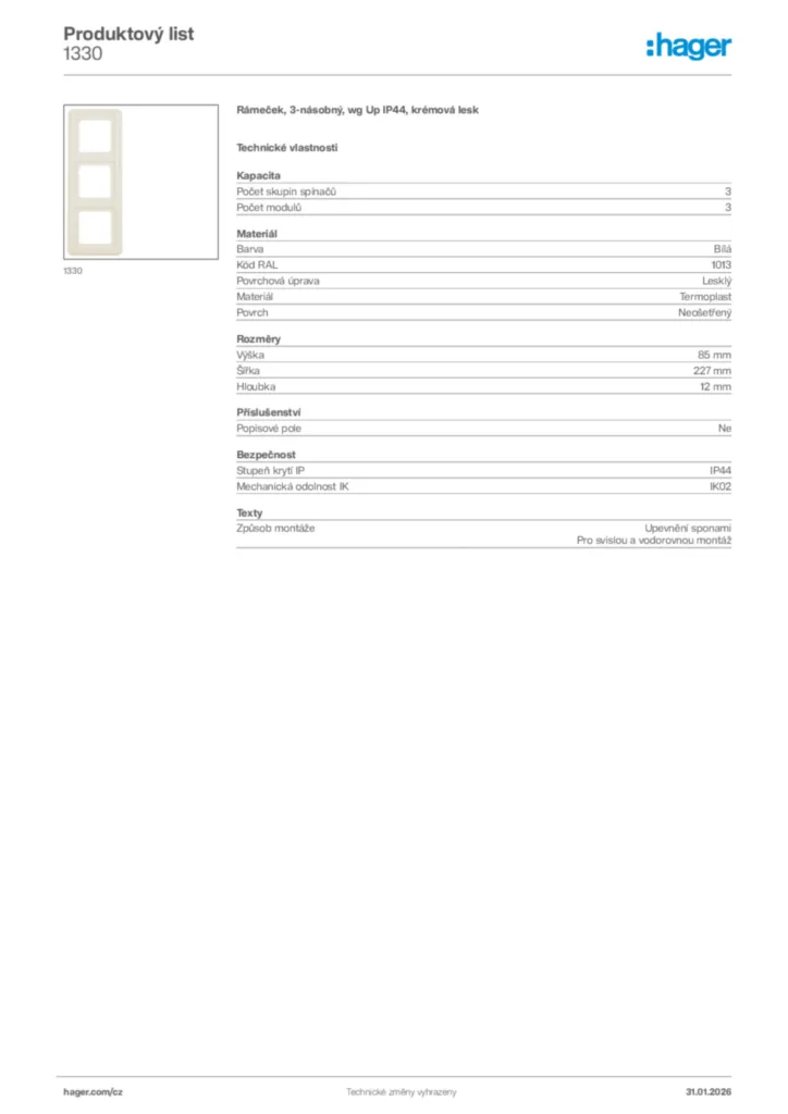 Obrázek Hager Product data sheet 1330 | Hager
