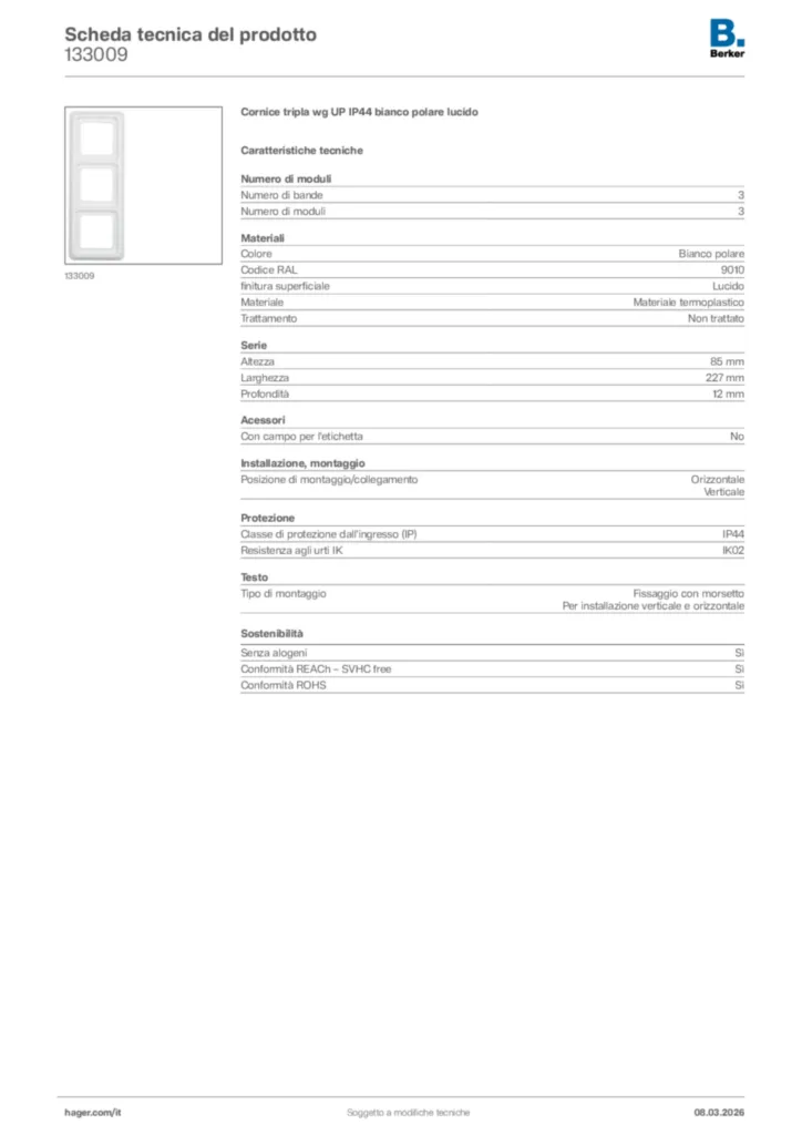Immagine Berker Scheda tecnica del prodotto 133009 | Hager Italia