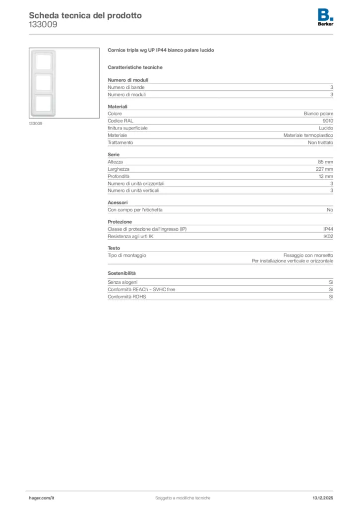 Immagine Berker Scheda tecnica del prodotto 133009 | Hager Italia