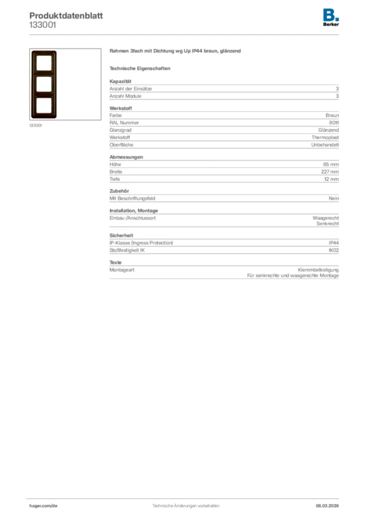 Bild Berker Produktdatenblatt 133001 | Hager Deutschland