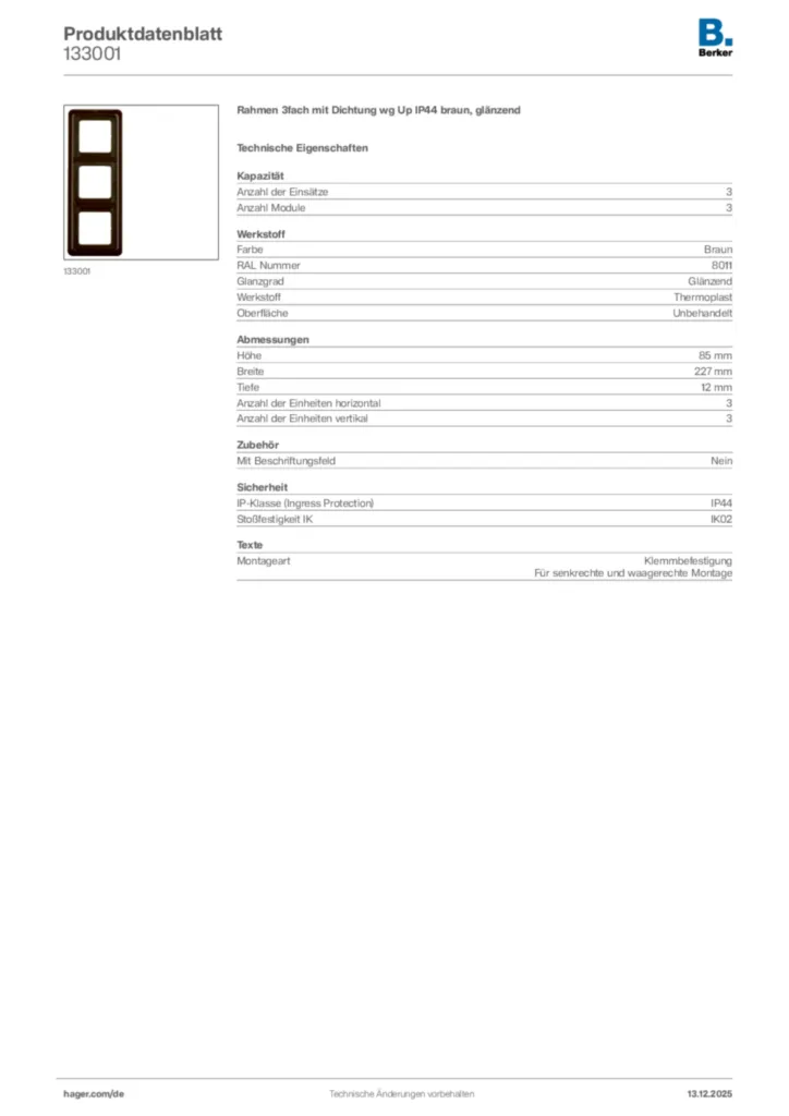 Bild Berker Produktdatenblatt 133001 | Hager Deutschland