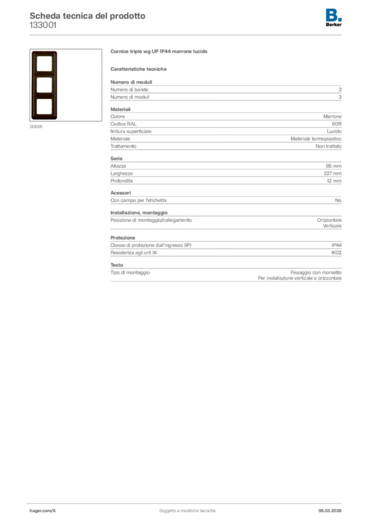 Immagine Berker Scheda tecnica del prodotto 133001 | Hager Italia