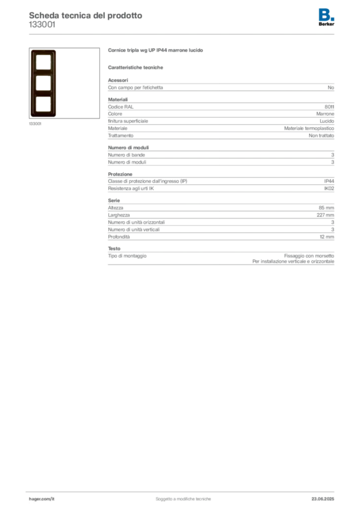 Immagine Berker Scheda tecnica del prodotto 133001 | Hager Italia