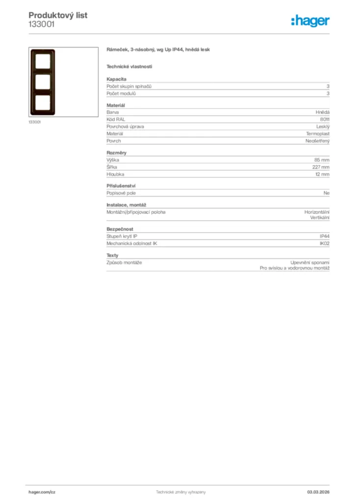 Obrázek Hager Product data sheet 133001 | Hager