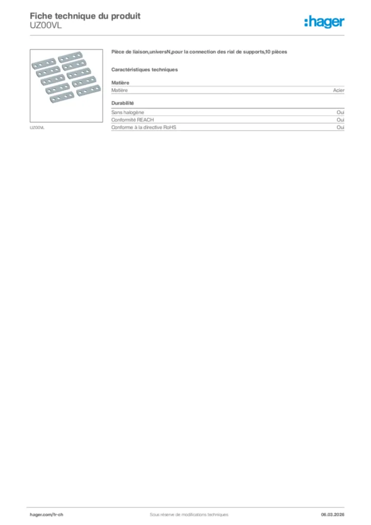 Image Hager Fiche technique du produit UZ00VL | Hager Suisse