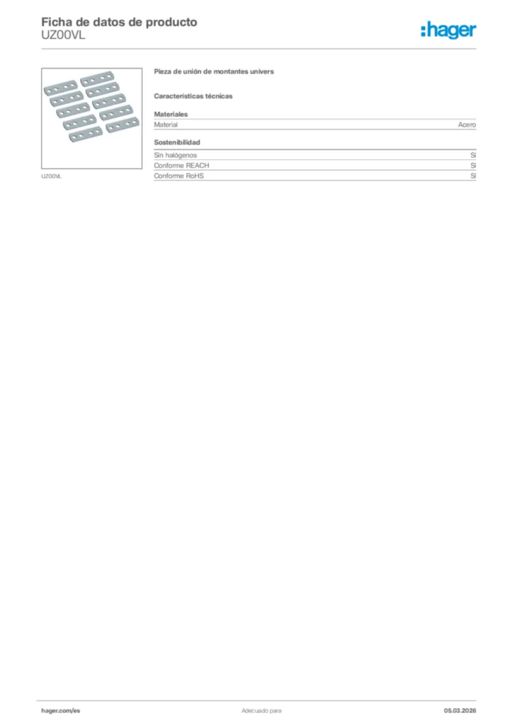 Imagen Hager Ficha de datos de producto UZ00VL | Hager España