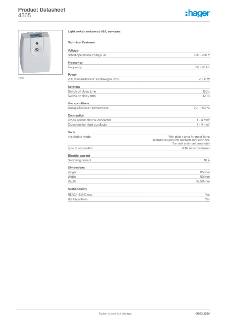 Image Hager Product data sheet 4505  | Hager Africa