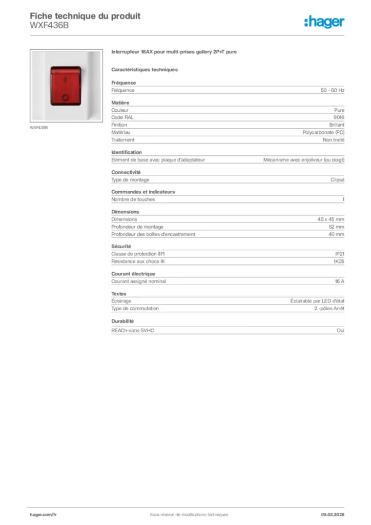 Image Hager Fiche technique du produit WXF436B | Hager France