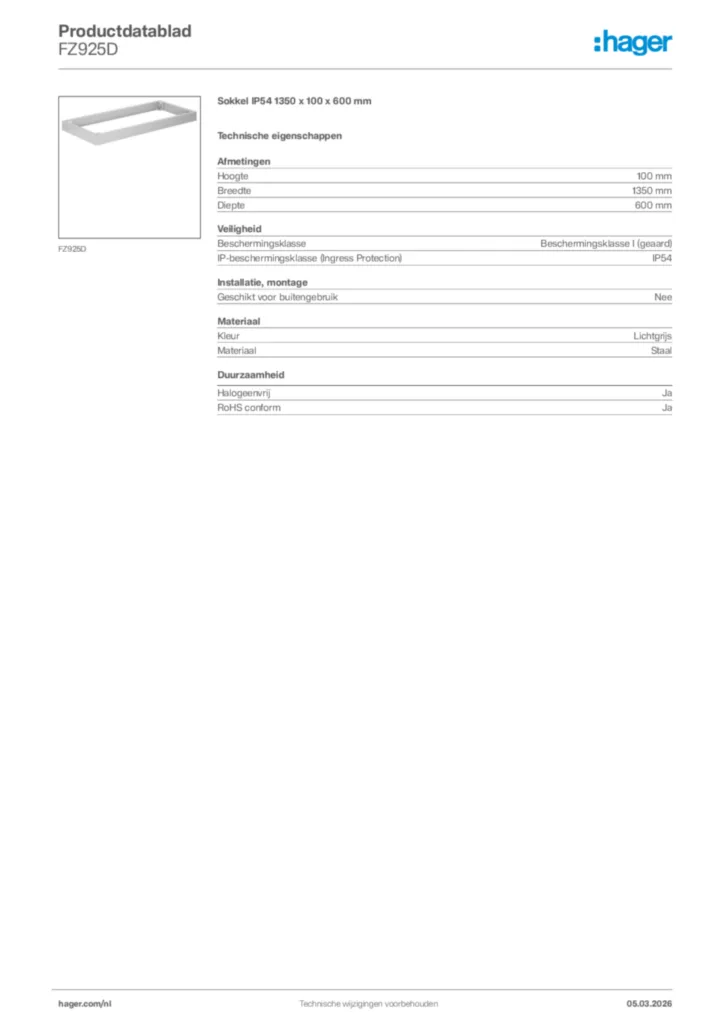 Afbeelding Hager Productdatablad FZ925D | Hager Nederland