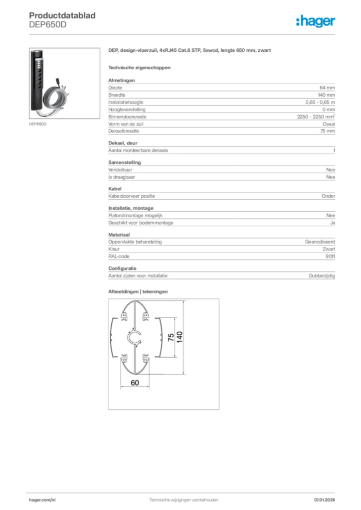 Afbeelding Hager Productdatablad DEP650D | Hager Nederland