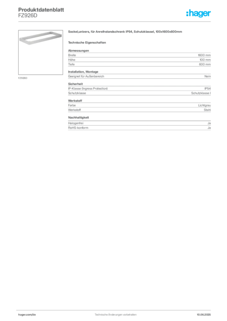 Bild Hager Produktdatenblatt FZ926D | Hager Deutschland
