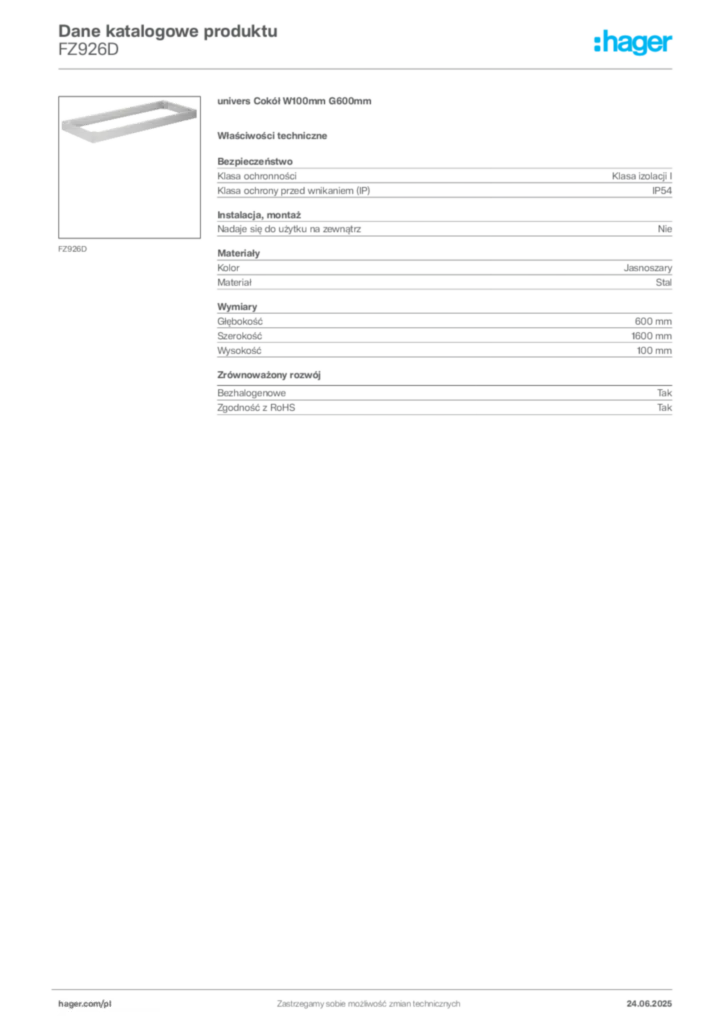 Zdjęcie Hager Karta katalogowa FZ926D | Hager Polska
