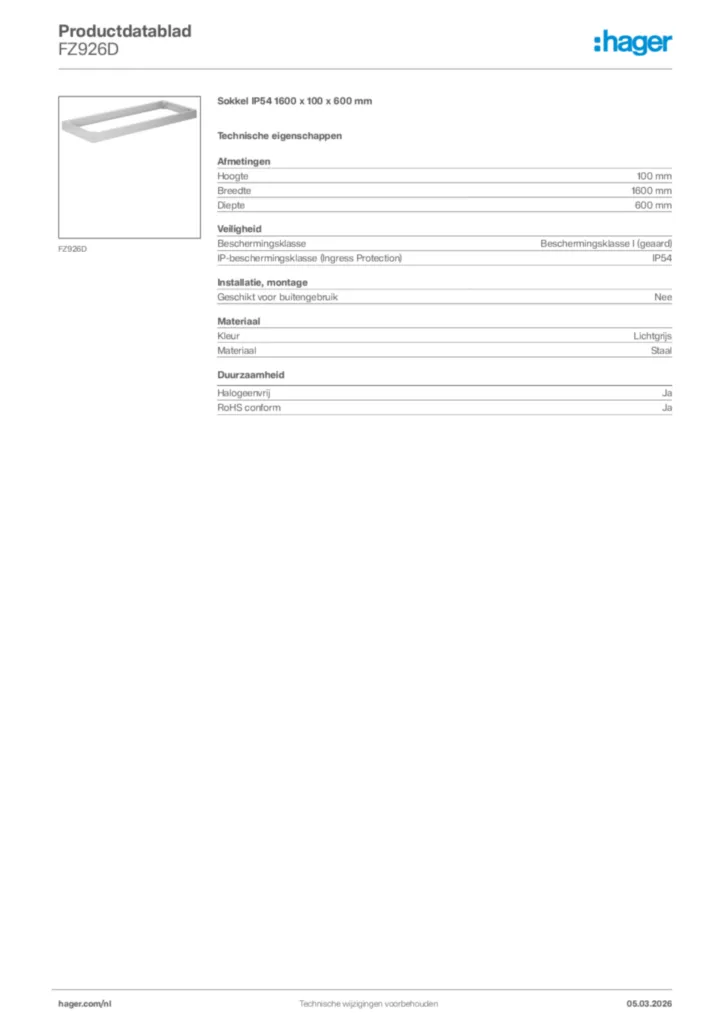 Afbeelding Hager Productdatablad FZ926D | Hager Nederland