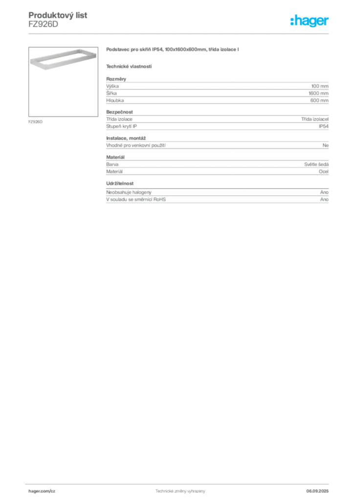 Obrázek Hager Produktový list FZ926D | Hager