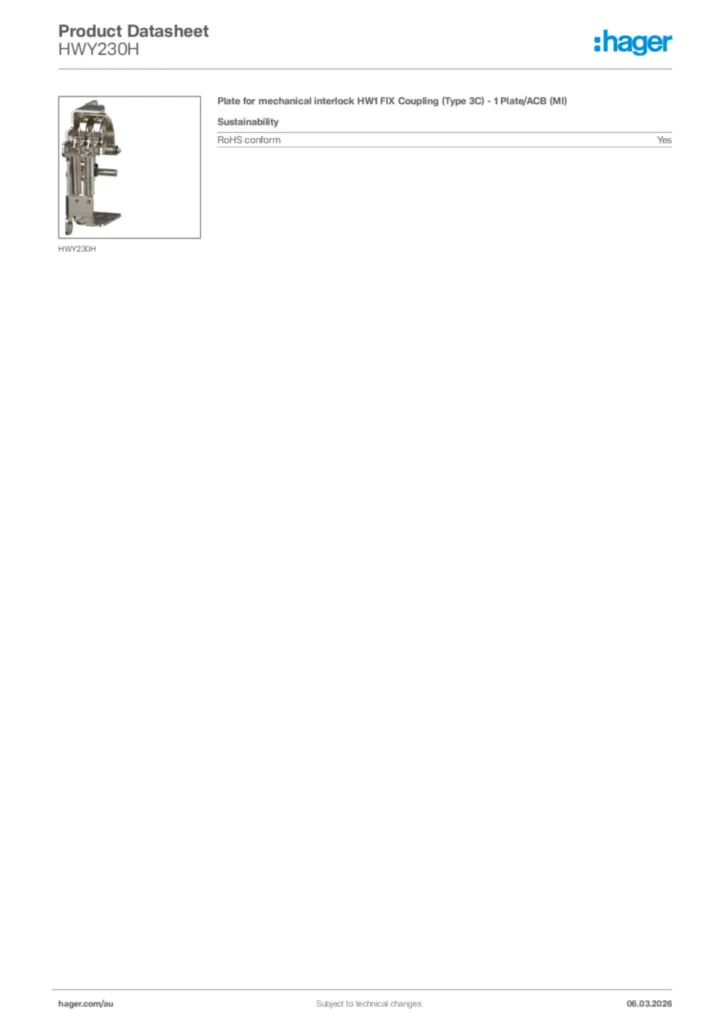 Image Hager Product data sheet HWY230H  | Hager Australia