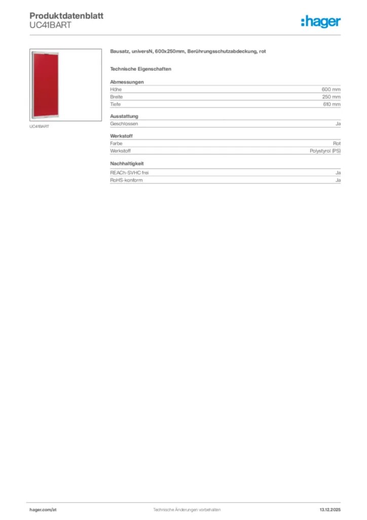 Bild Hager Produktdatenblatt UC41BART | Hager Deutschland