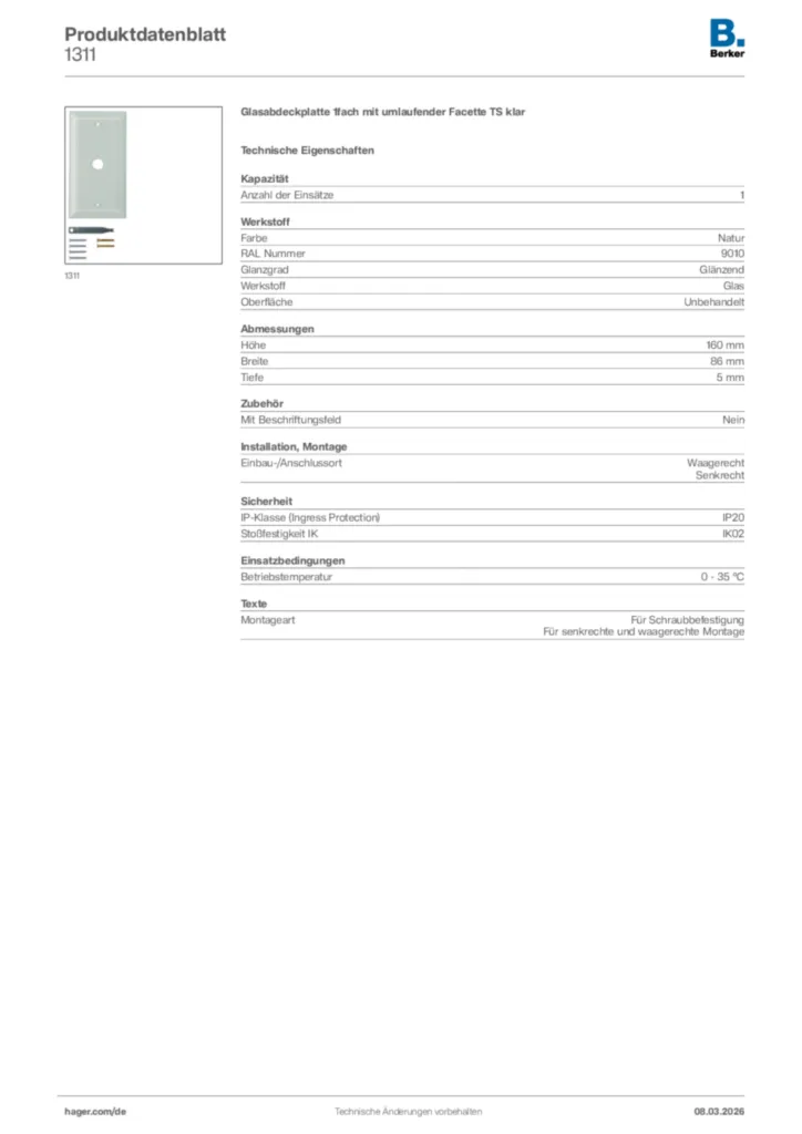 Bild Berker Produktdatenblatt 1311 | Hager Deutschland