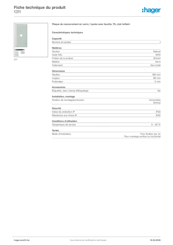 Image Hager Fiche technique du produit 1311 | Hager Belgique