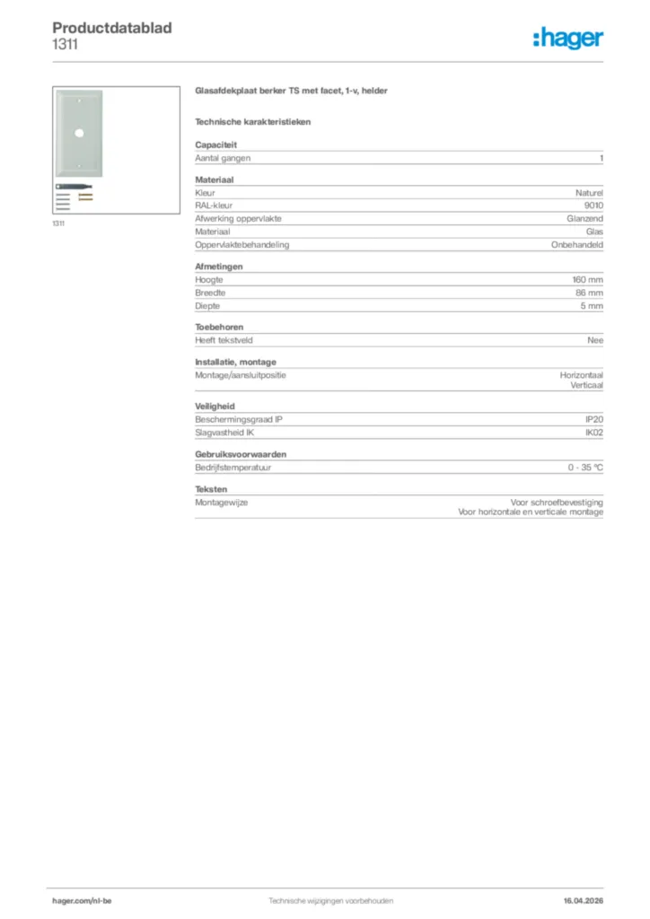 Afbeelding Hager Productdatablad 1311 | Hager Belgium