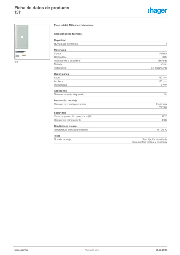 Imagen Hager Ficha de datos de producto 1311 | Hager España