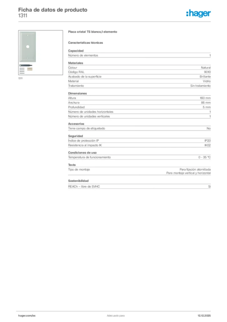 Imagen Hager Ficha de datos de producto 1311 | Hager España