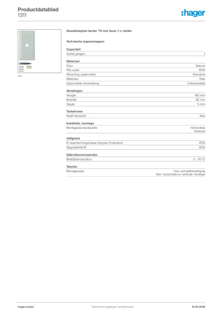 Afbeelding Hager Productdatablad 1311 | Hager Nederland