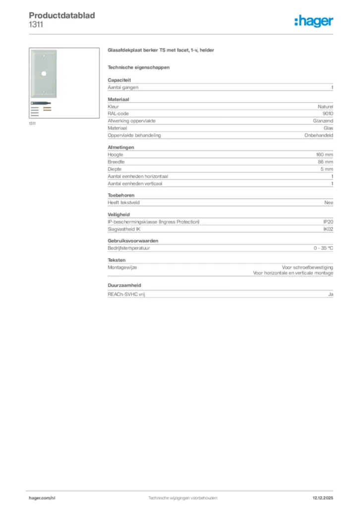 Afbeelding Hager Productdatablad 1311 | Hager Nederland