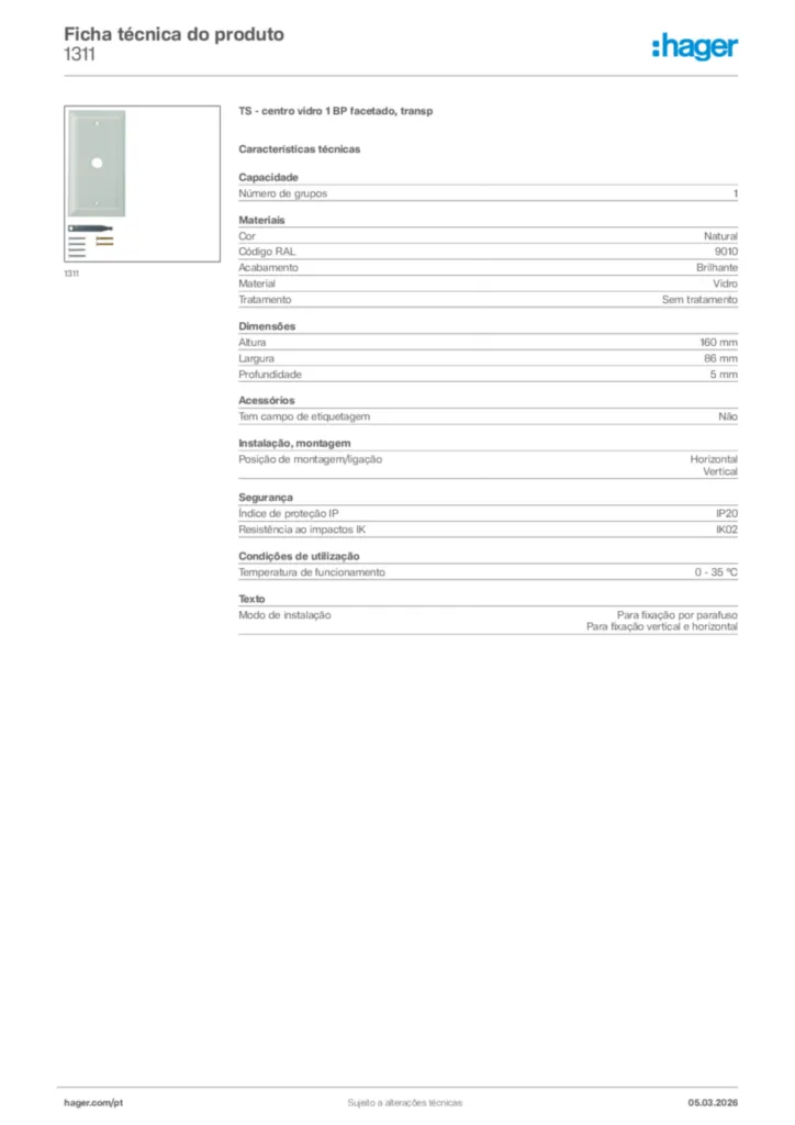 Imagem Hager Ficha técnica do produto 1311 | Hager Portugal