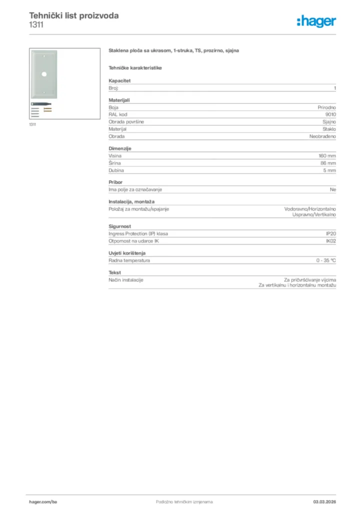 Slika Hager Tehnički list proizvoda 1311  | Hager