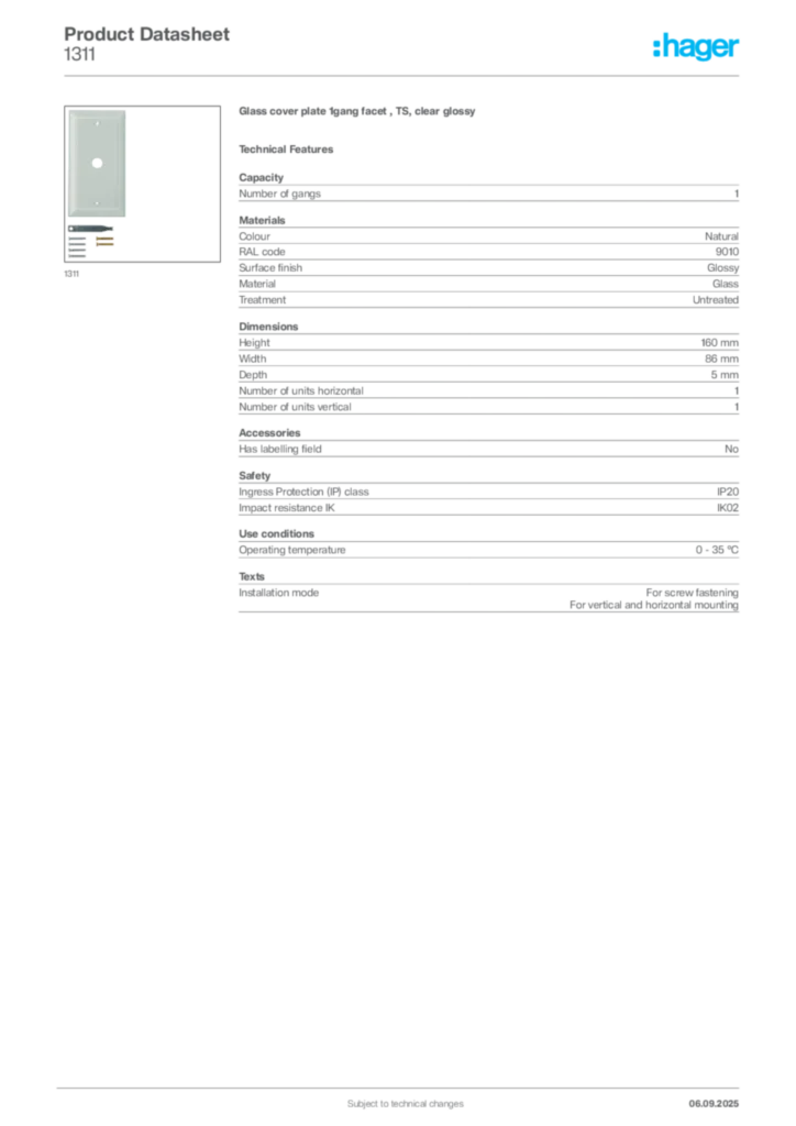 Image Hager Product data sheet 1311  | Hager