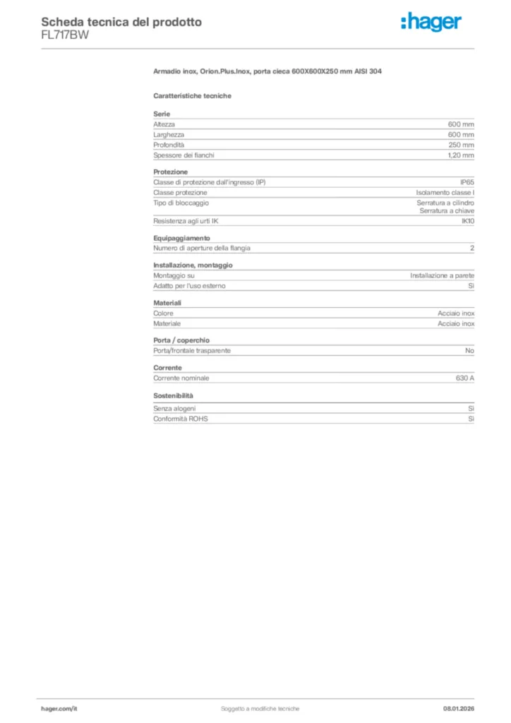 Immagine Hager Scheda tecnica del prodotto FL717BW | Hager Italia