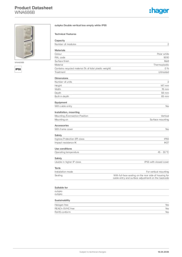 Image Hager Product data sheet WNA686B  | Hager Africa