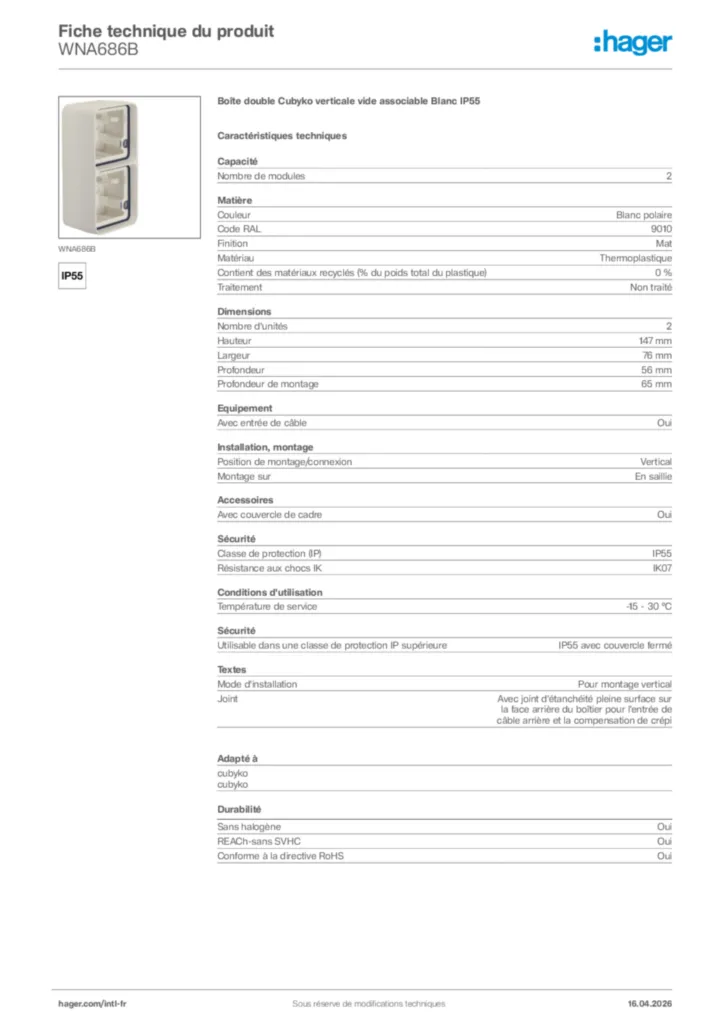 Image Hager Fiche technique du produit WNA686B | Hager Afrique