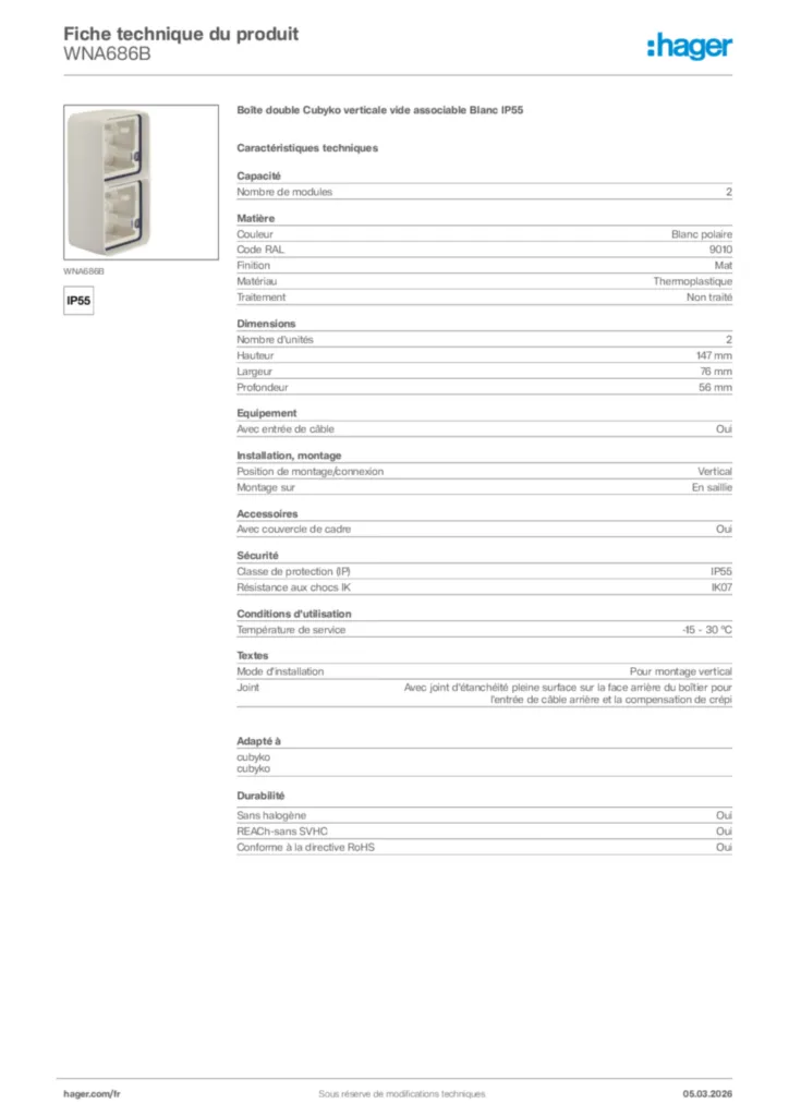 Image Hager Fiche technique du produit WNA686B | Hager France