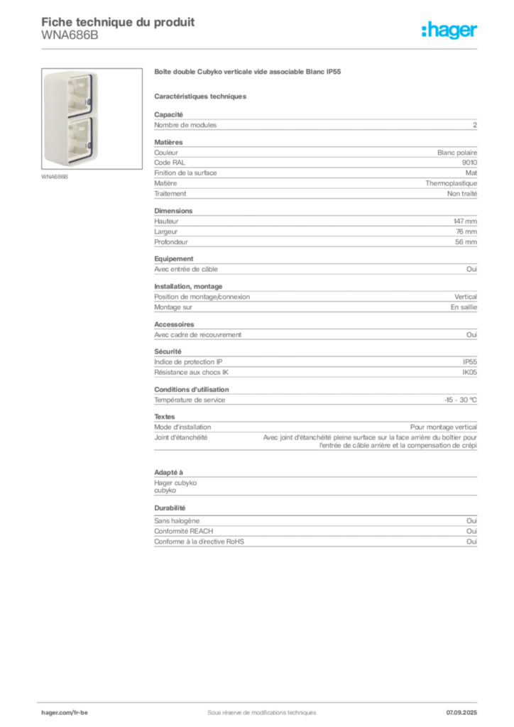 Image Hager Fiche technique du produit WNA686B | Hager Belgique