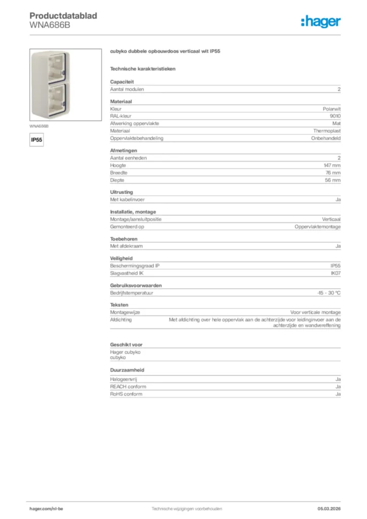 Afbeelding Hager Productdatablad WNA686B | Hager Belgium
