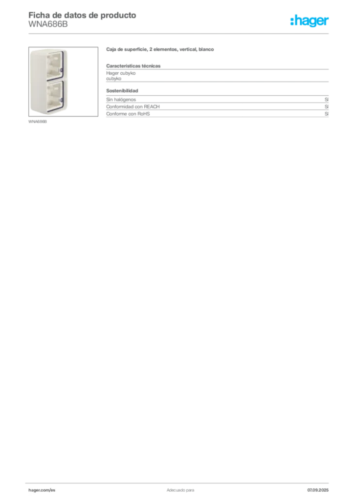 Imagen Hager Ficha de datos de producto WNA686B | Hager España