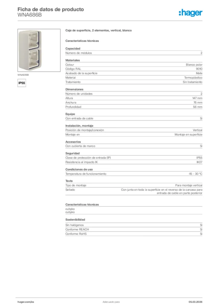 Imagen Hager Ficha de datos de producto WNA686B | Hager España