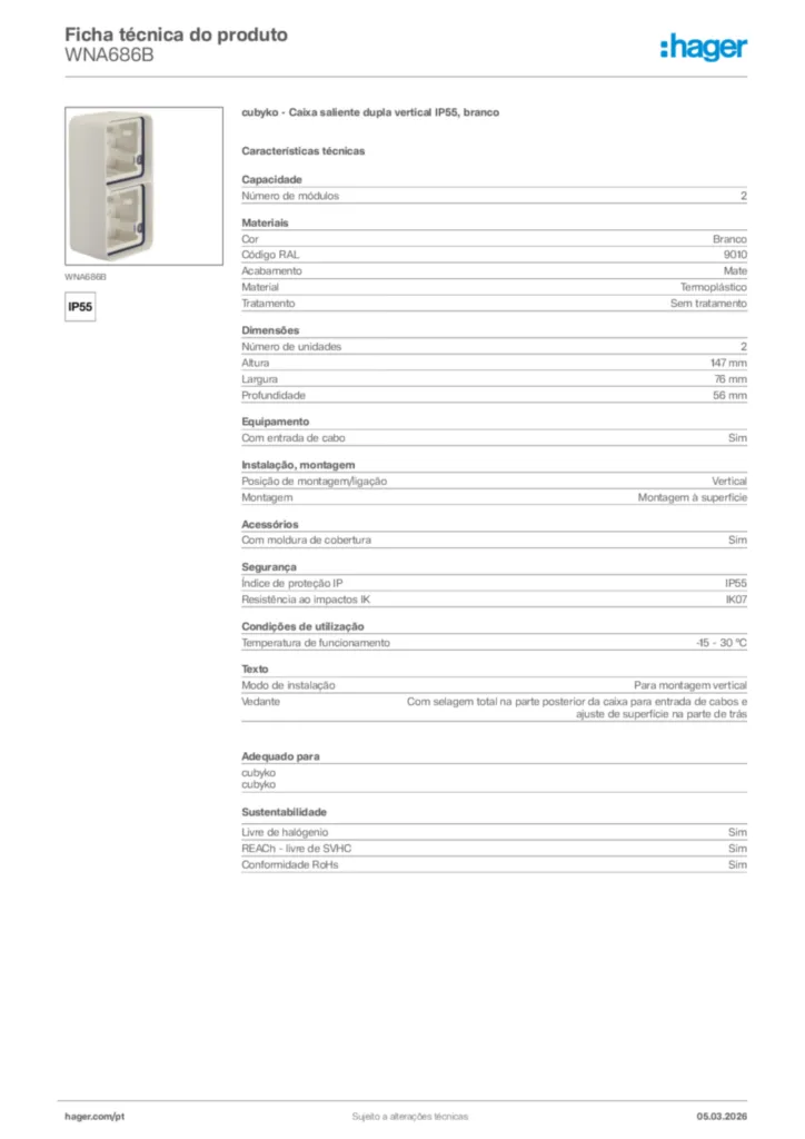 Imagem Hager Ficha técnica do produto WNA686B | Hager Portugal