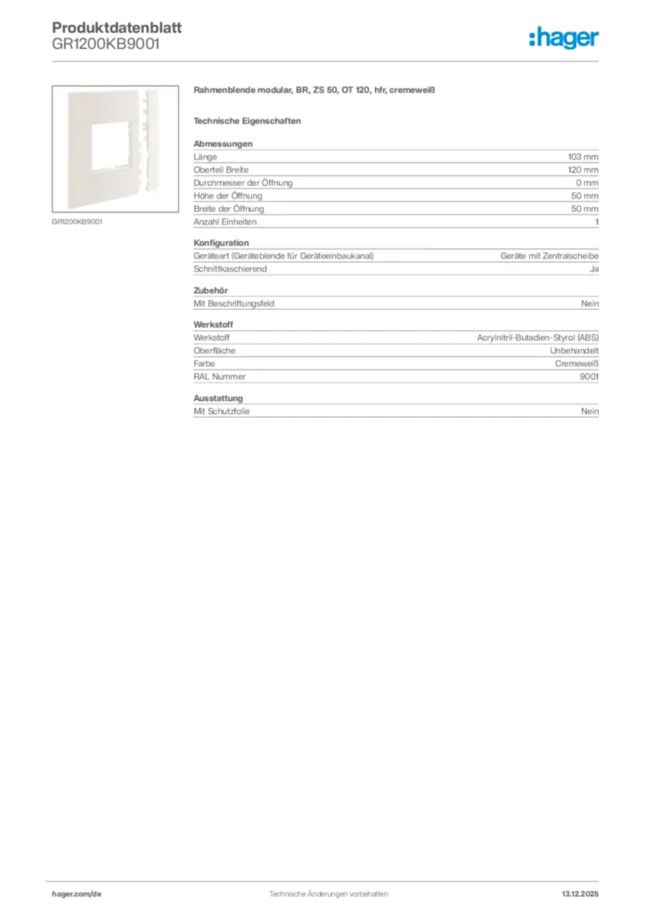 Bild Hager Produktdatenblatt GR1200KB9001 | Hager Deutschland